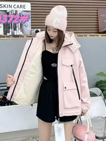 加绒加厚冲锋衣外套女2023冬季新款爆款宽松休闲棉衣连帽工装棉服图片