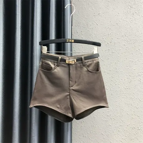 欧货简约休闲裤靴裤女23秋冬新款咖啡色设计感加绒百搭阔腿裤短裤图片
