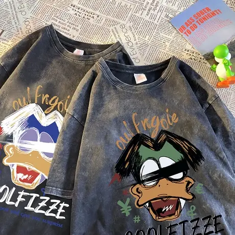 水洗做旧短袖t恤男夏季ins潮牌宽松男装美式复古重磅情侣半袖上衣商品大图