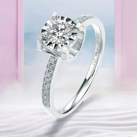 珂兰 白18K金钻石戒指钻戒30分车花戒壁镶钻款牛头结婚求婚戒指女图片