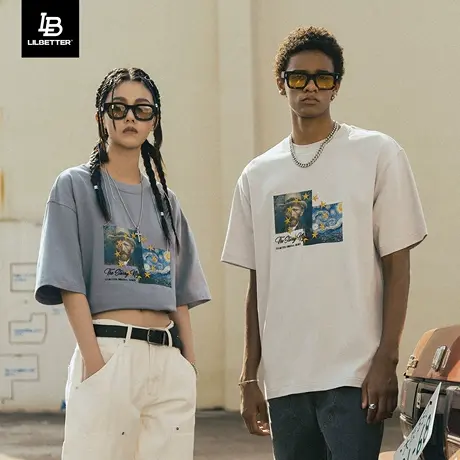 Lilbetter梵高联名短袖t恤美式复古半截袖夏天男装2024新款体恤LB商品大图