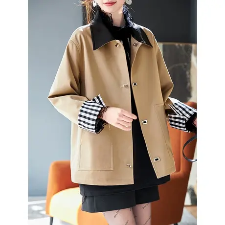 宝诗黎翻领格子拼接宽松外套2024新款洋气减龄春季休闲女装上衣图片