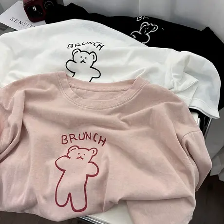 透气舒适冰丝竹节棉短袖t恤女夏薄款韩版宽松慵懒风减龄印花上衣商品大图