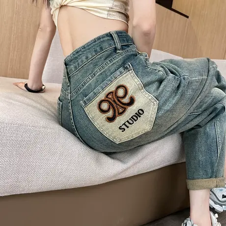 哈伦牛仔裤女2024春秋新款高腰显瘦遮胯梨型身材直筒九分老爹裤子商品大图
