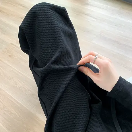 黑色华夫格阔腿裤女2024年春秋新款高腰显瘦垂感直筒休闲拖地裤子商品大图