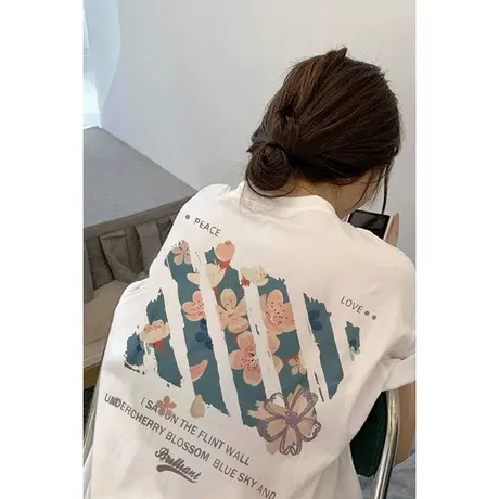 纯棉短袖t恤女ins潮夏季宽松圆领日系小众设计感oversize半袖上衣商品大图