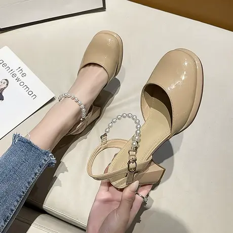 包头凉鞋女2024年春夏季新款高级感珍珠粗跟单鞋轻便透气高跟鞋潮商品大图