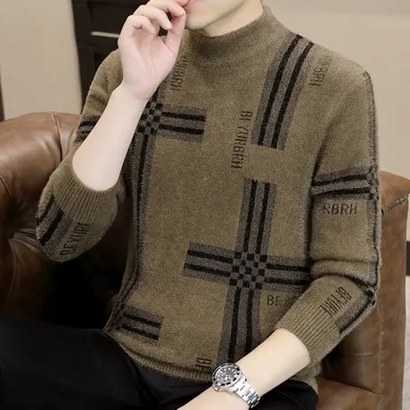 水貂绒毛衣男提花秋冬季新款加厚保暖半高领针织衫男装长袖打底衫商品大图