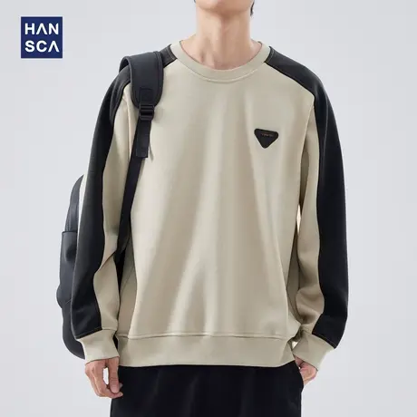 hansca撞色圆领卫衣男秋冬款2023新款加绒宽松套头重磅设计感上衣商品大图