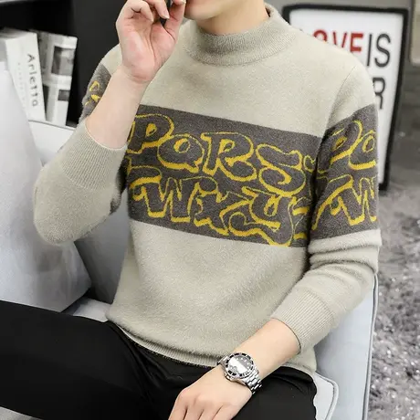 春秋装毛衣男圆领上衣拼接针织衫帅气男装秋季潮线衫韩版秋衣线衣商品大图