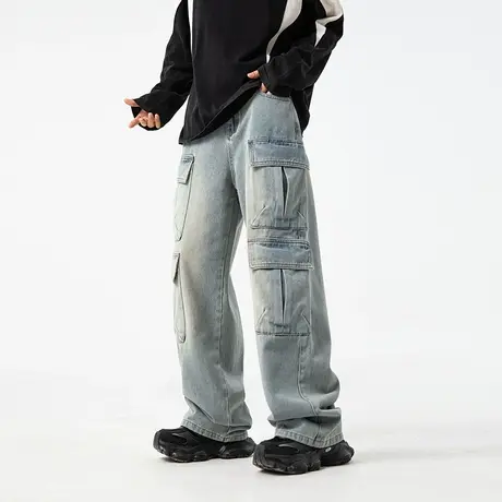 男士新款浅色牛仔裤男直筒美式高街炸街痞帅裤子春秋季工装裤潮牌商品大图