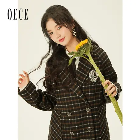 【新品】Oece复古格子毛呢外套秋冬季新款女装西装呢大衣图片