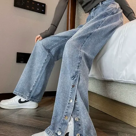 设计感阔腿牛仔裤女春秋2024新款开叉高腰宽松显瘦百搭拖地直筒裤图片