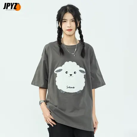 羊了个羊刺绣男女重磅纯棉短袖T恤宽松简约情侣t恤夏季男生半袖商品大图