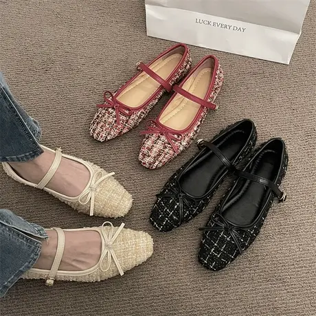 法式蝴蝶结一字扣带玛丽珍单鞋女晚晚温柔呢子浅口芭蕾舞平底瓢鞋商品大图