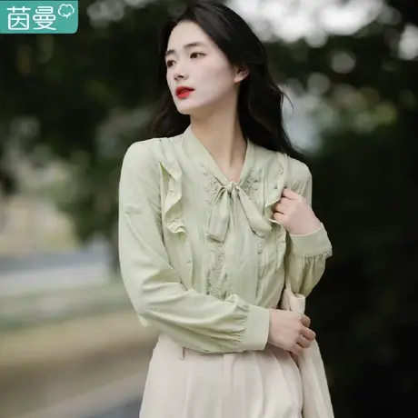 茵曼官方旗舰店法式飘带衬衫女2024年春季新款蝴蝶结打底衬衣上衣图片