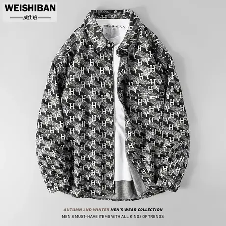 新款2023春秋季老花满印字母logo衬衫男外套美式休闲长袖牛仔衬衣商品大图