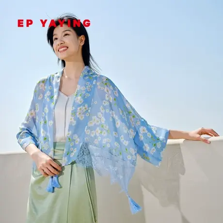 EP YAYING雅莹围巾 桑蚕丝印花蕾丝拼接披肩 2023新款W902C商品大图