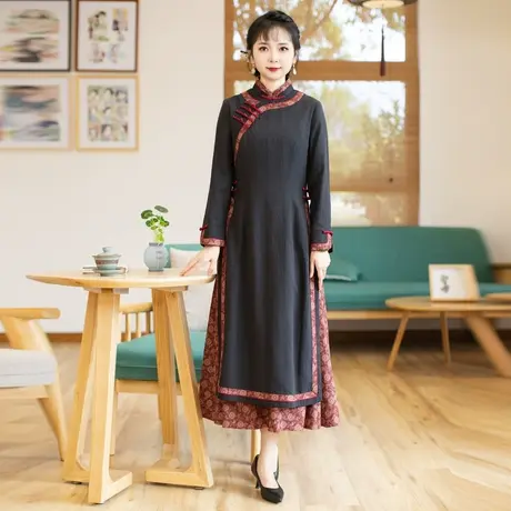 筠雅奥黛旗袍年轻款高端气质中国风连衣裙女复古日常裙子 23J211商品大图