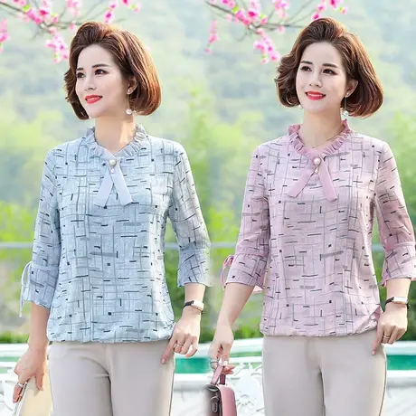 新款妈妈秋装雪纺小衫洋气上衣时尚套装中老年女阔太太T恤40岁50图片