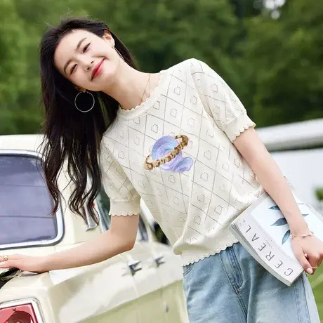 时尚气质短袖针织衫2023年夏季新款淑女温柔圆领宽松显瘦通勤上衣商品大图