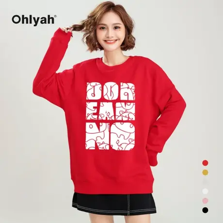 Ohlyah品牌红色卫衣女chic港风潮牌红色套头圆领情侣装跨年新年服商品大图