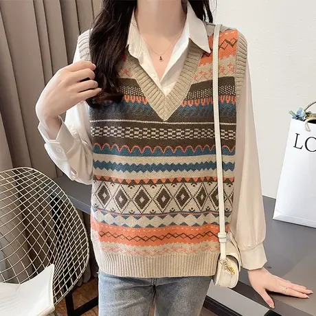 复古提花针织马甲女春秋2023年新款叠穿宽松显瘦毛线坎肩背心上衣商品大图