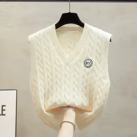 麻花v领针织马甲背心女2023秋装新款宽松外穿马夹短叠穿毛衣坎肩商品大图