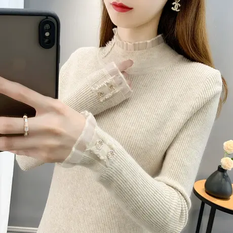 2022秋冬新款女装蕾丝半高领毛衣打底衫女套头洋气韩版针织衫上衣图片
