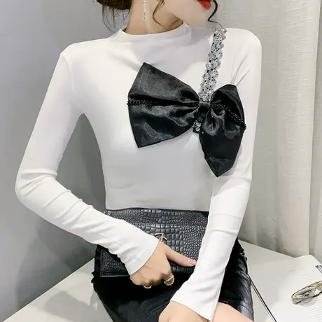 白色长袖t恤女ins潮小众设计感蝴蝶结上衣内百搭半高领打底衫春秋图片