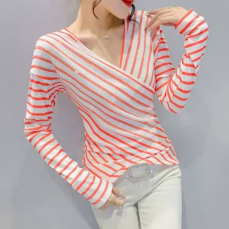 时尚交叉V领打底衫女长袖设计感洋气条纹T恤修身百搭上衣春装新款图片