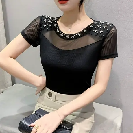 性感镂空网纱T恤女短袖欧货洋气钉珠小衫纯色百搭上衣紧身半袖ins图片