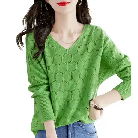 v领镂空薄款针织衫2023春夏新款长袖t恤宽松打底衫洋气百搭上衣女商品大图