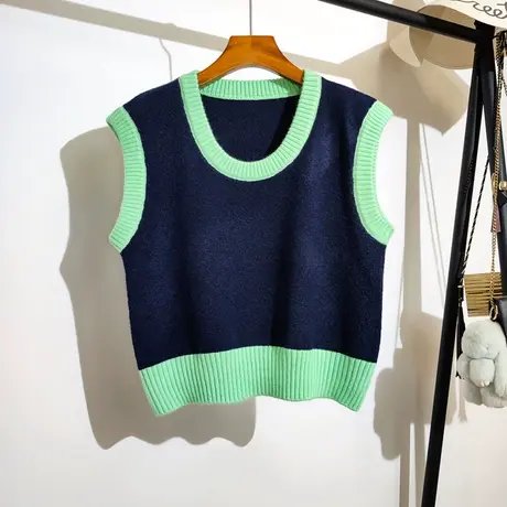 学院风针织马甲女春秋新款撞色拼接宽松套头叠穿无袖毛衣背心上衣商品大图