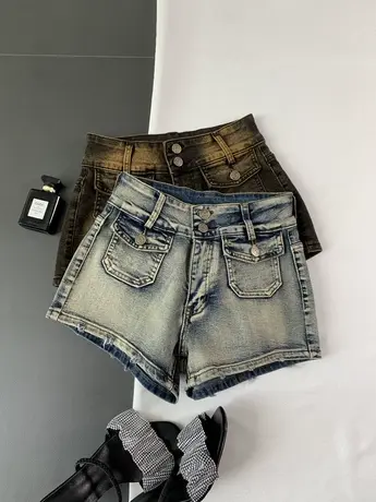 辣妹风小口袋割破牛仔热裤女2023夏新款高腰紧身显瘦做旧a字短裤商品大图