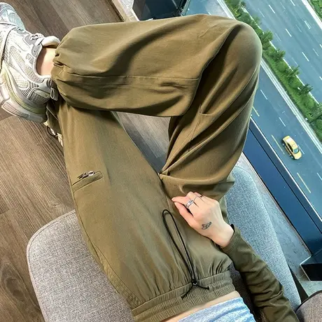 军绿色工装裤女秋季美式高腰显瘦宽松束脚阔腿直筒休闲运动灯笼裤商品大图