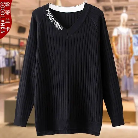 中年妈妈打底衫春秋款坑条上衣洋气时尚加肥加大码女装V领薄毛衣商品大图