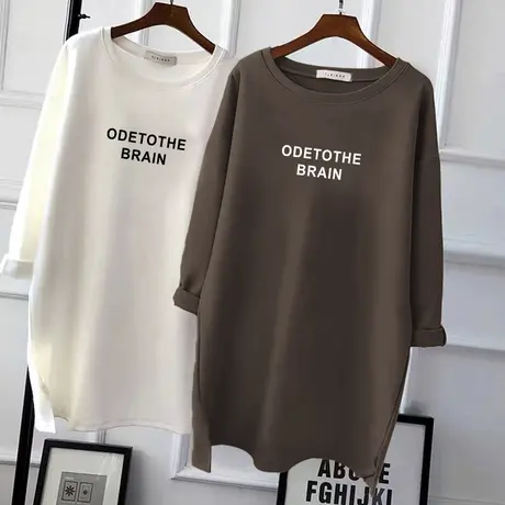 秋冬新款纯棉长袖上衣女圆领韩版宽松休闲大码百搭磨毛中长款T恤商品大图