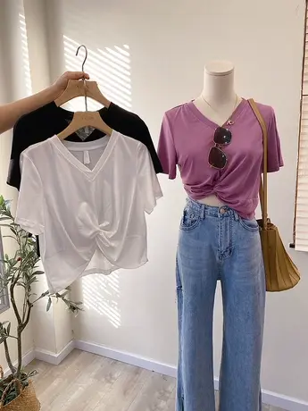 短袖t恤女夏季韩版ins潮V领小众设计感下摆交叉短款高腰露脐上衣商品大图