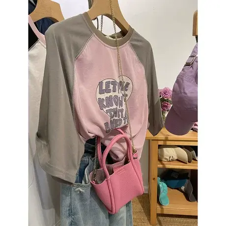 做旧爱心英文字母印花撞色插肩袖T恤女23夏装爽滑显瘦宽松上衣商品大图