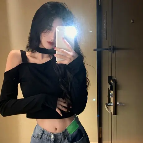 春秋装新款长袖t恤女设计感小众锁骨短款辣妹穿搭挂脖打底衫上衣商品大图