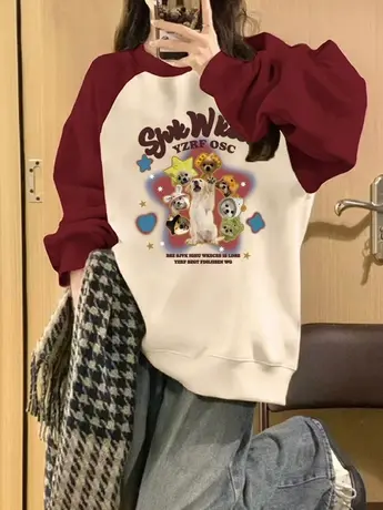 插肩袖圆领卫衣女春秋2023新款小众设计感美式复古潮牌套头上衣潮图片