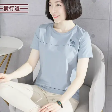 圆领绣花宽松短袖2023新款夏装纯色休闲女衣简约刺绣打底半袖T恤商品大图