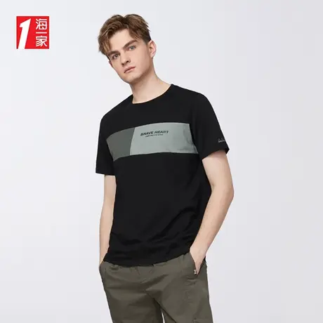 海一家拼色短T2023夏季新款印花基础休闲舒适圆领简约短袖T恤男商品大图