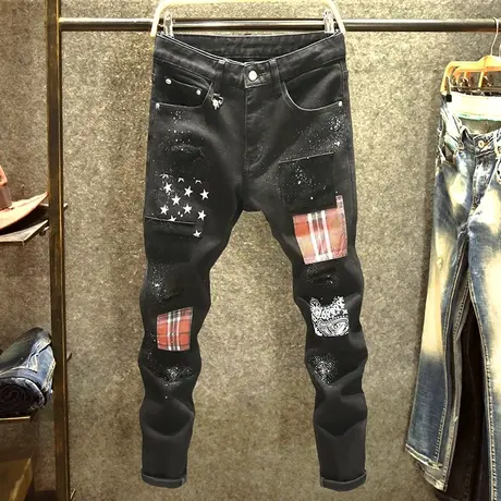 潮牌撞色拼接牛仔裤男时尚印花修身小脚裤春秋精神小伙休闲长裤子商品大图