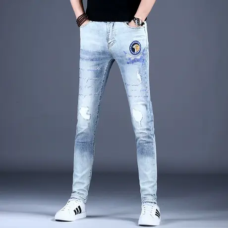 欧洲站撞色破洞烫钻牛仔裤男款修身小脚裤子秋款薄款潮牌高街2023商品大图