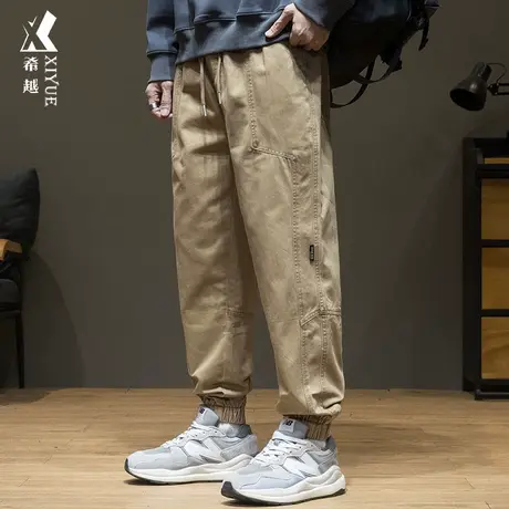 希越秋冬2023新款工装休闲裤男卡其色拼接束脚裤宽松大码九分裤子商品大图