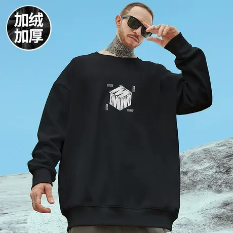 大码无帽简约潮牌胖子男装加绒加厚潮流宽松国潮情侣圆领卫衣秋冬商品大图