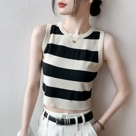 歌倍尚条纹针织背心女开衫内搭夏季外穿修身打底无袖吊带短款上衣商品大图