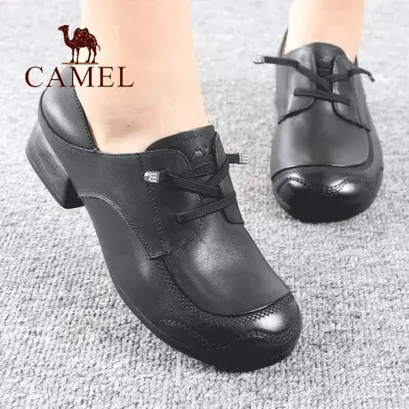 Camel/骆驼女鞋春季新款品真小粗方跟头层牛皮免系带正休闲单鞋子图片